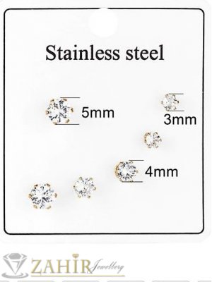   3 чифта малки обеци от стомана  кристалчета с рамери 3, 4 и 5 мм ,за втора и трета дупка на ухото, на винт, златно покритие- O2877